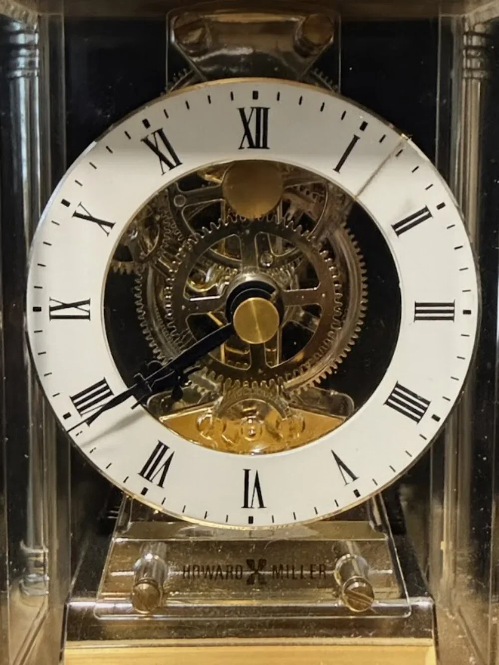 Howard Miller Carriage Clock Vintage Skeleton Brass & Glass Mantel Clock